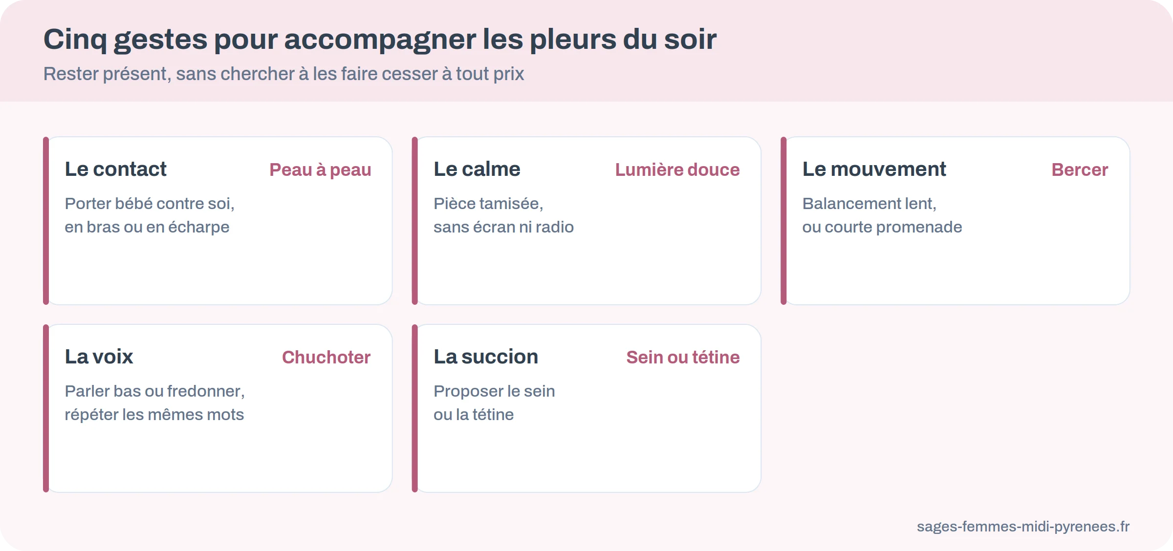 Cinq gestes pour accompagner les pleurs du soir&nbsp;: contact, calme, mouvement, voix, succion