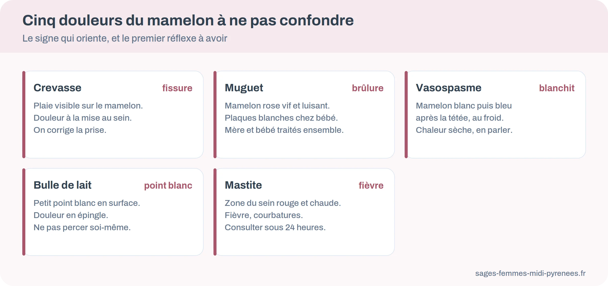 Cartes comparant cinq douleurs du mamelon pendant l'allaitement : crevasse, muguet, vasospasme, bulle de lait et mastite, avec leur signe distinctif